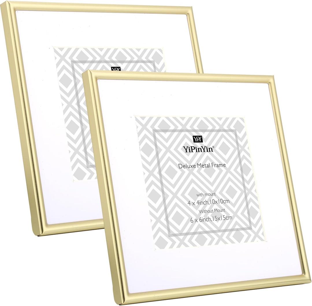 YiPinYin 6x6''Simply Square Gold Metal Picture Frame With Mat for 4x4'' Set of 2, Narrow Plated Metal Photo Frames 4x4'' With Soft Touch Velvet Backing for Desktop and Wall Décor