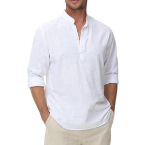 Cotton Linen Shirts for Men Lightweight Casual Long Sleeve Henley Beach Hawaiian Tops (White, XS)