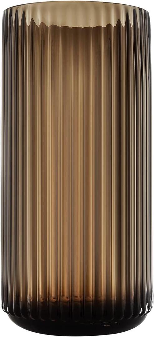 Large Cylinder Ribbed Brown Glass Flower Vase for Farmhouse Dining Table Centerpieces Decor (9.8")