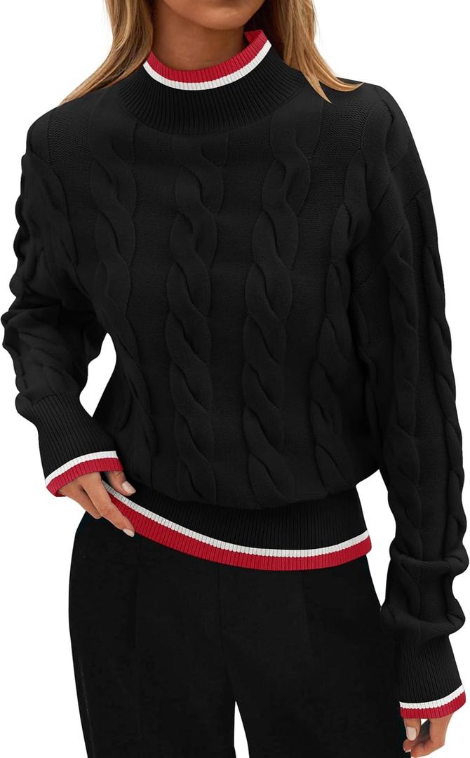 ZESICA Women's Casual Long Sleeve Mock Neck Cable Knit Contrast Color Fall 2026 Winter Chunky Pullover Sweater (Medium, Black)