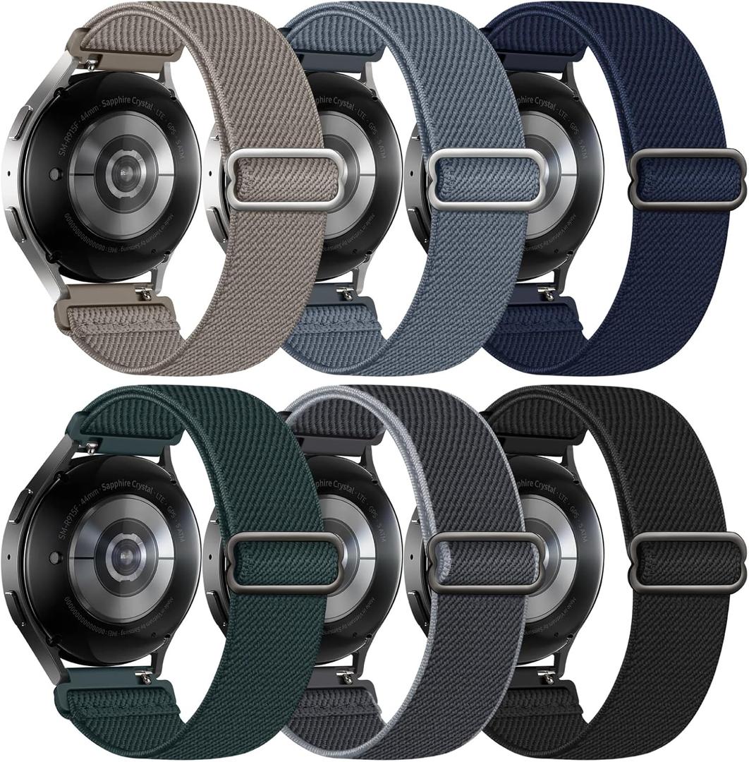 6 Pack Stretchy Bands Compatible with Samsung Galaxy Watch 7 6 5 4 40mm 44mm/Galaxy Watch 6 4 Classic 42mm 46mm 43mm 47mm/Galaxy 5 Pro 45mm/Active 2, 20mm Elastic Nylon Sport Strap for Men Women (BlueGrey/Black/DeepGreen/Stone/Grey/MidnightBlue)