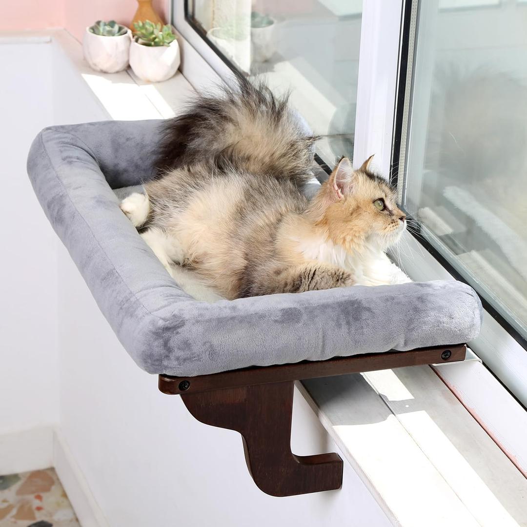 Zakkart Cat Perch for Window Sill with Bolster - Orthopedic Hammock Design with Premium Hardwood & Robust Metal Frame - Cat Window Seat for Large Cats and Kittens - Dark Stained Wood Gray Bed, 24''L x 15''W