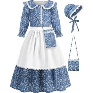 Aoiviss Girls Pioneer Costume Floral Colonial Prairie Dress for Little Kids with Apron and Bonnet, 10-12/150