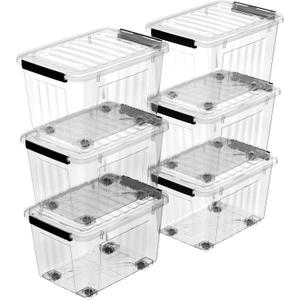 Plastic Storage Bins, Lidded Storage Box with Wheels for Home Office Dorm, Wheeled, Stackable, Clear, 85Quart-6 Pack