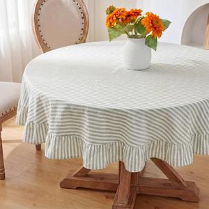 Boao Cotton 60 Inch Farmhouse Ruffle Tablecloth Sage Green White Striped Flounces Trim Table Cover for Round Table Kitchen Party Wedding Decor