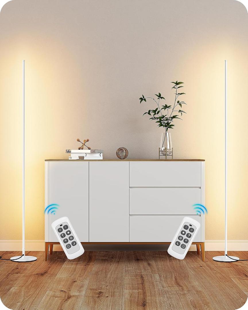 EDISHINE Minimalist LED Corner Floor Lamp with Remote, Set of 2 Modern Dimmable Mood Light, 57.5" Tall Floor Lamp for Bedroom, Living Room, 7 Color Temperature 2700-6000K, (White)