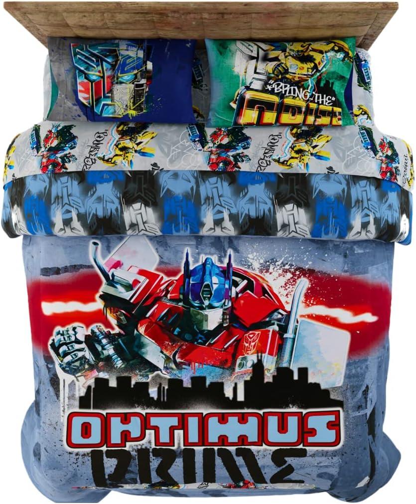 Franco Transformers Battle in Brooklyn Optimus Prime Kids Super Soft Comforter and Sheet Set with Sham, 5 Piece Full Size, (White, Official Licensed Product)
