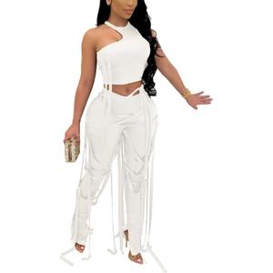 WOKANSE Women's Sexy 2 Piece Outfits Irregular Sleeveless Tank Top Solid Lace Up Split Bodycon Pants Set (Large, White)