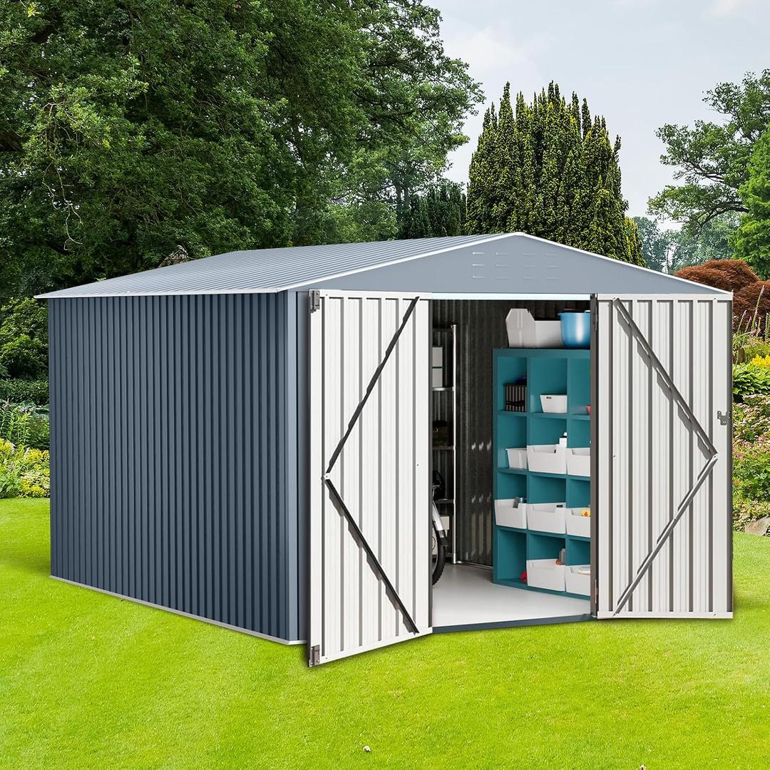 10x10 FT Outdoor Metal Storage Shed, Large Metal Sheds with Sturdy Frame Structure, Garden Tool Shed with Lockable Door for Garden, Lawn, Backyard, Gray