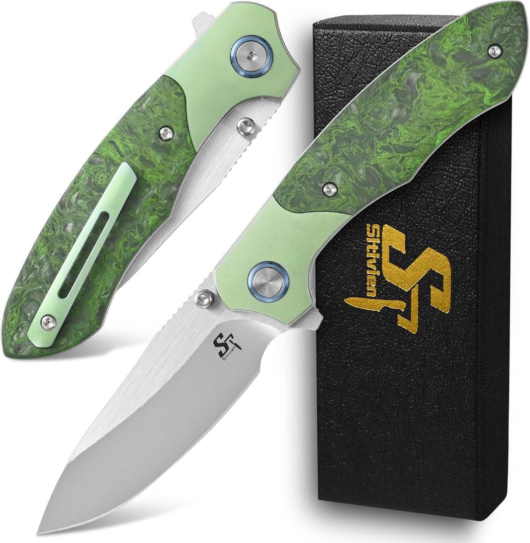 Sitivien ST272 Folding Knife, S90V Steel Blade Titanium Carbon Fiber Handle Knife with Pocket Clip for Outdoor Camping, Hiking, Survival (Green)
