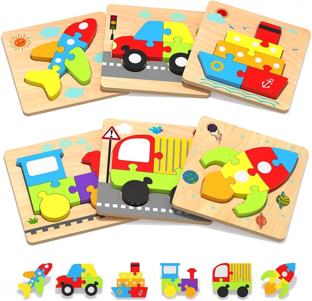 Yetonamr Wooden Toddler Puzzles Gifts Toys for 1 2 3 Years Old Boys Girls, 6 Vehicle Shape Montessori Toys Educational Blocks Kids Toys Gift Baby Learning Toy Age 1-3, 2-4, 6 pieces