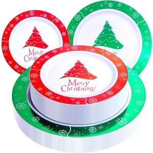 Rubtlamp 60PCS Christmas Plastic Plates, White Plastic Plates With Red and Green Christmas Tree, christmas Party Disposable Plate Include 30 Green Dinner Plate, 30 Red Salad Platos