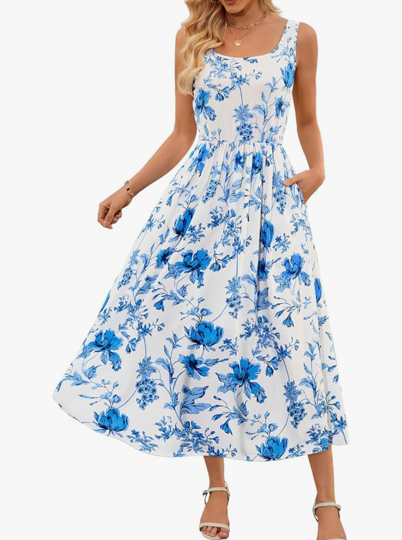 MEROKEETY Women's 2025 Summer Casual Floral Midi Dress Sleeveless Beach Vacation Tank Hawaiian Sundress, Blue, Size L