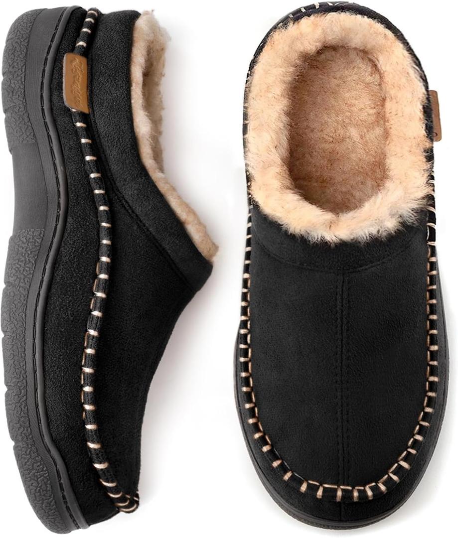 Zigzagger Men's Slip On Moccasin Slippers, Indoor/ Outdoor Warm Fuzzy Comfy House Shoes, Fluffy Wide Loafer Slippers, Black, 10.5 D(M) US