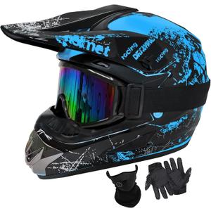 Youth Dirt Bike Helmets DOT Approved Kids Motocross, ATV, Off-Road, Four Wheelers, BMX Motorcycle Bike Helmets with Goggles Gloves Faceshield (WhiteBlue, Small)