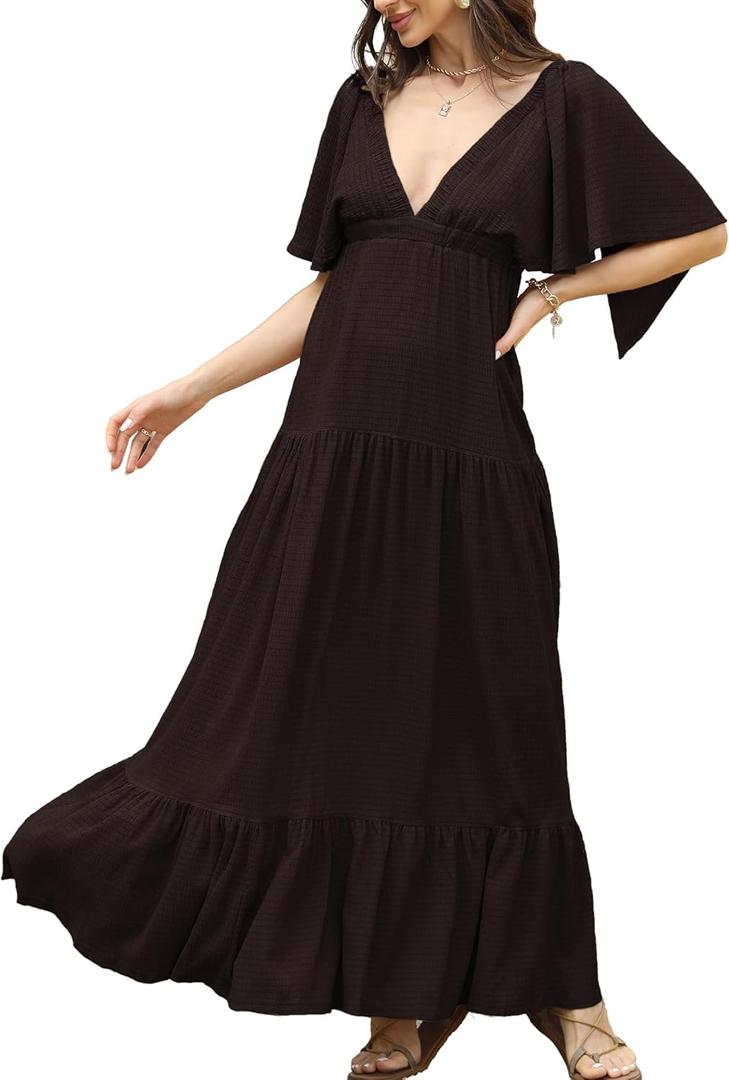 Kikibell Women Summer Dresses Sexy V-Neck Maxi Dress Tiered Silhouette with Flutter Sleeve Backless Elastic Waist Flowy Dress (Small, Brown)