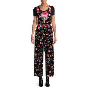 Adults Christmas Velvet Trim Jumpsuit Costume Sleeveless Strap Baggy Overall Xmas Santa Claus Wide Leg Romper Pants (A-multi-color), XL