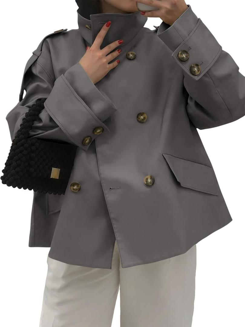 Tankaneo Womens Cropped Trench Coat Oversized Double Breasted Stand Collar Short Jacket Fall Casual Work Outerwear (Large, Dark Grey)