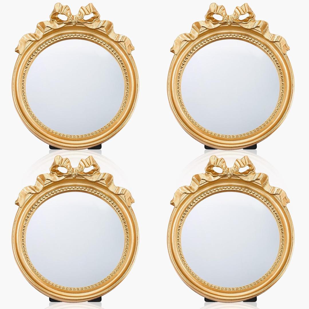 Threehoney 4 Pack Small Vintage Gold Mirror 4.1" Round Portable Bow Mirror for Women Make up Dressing Bedroom Table Decoration