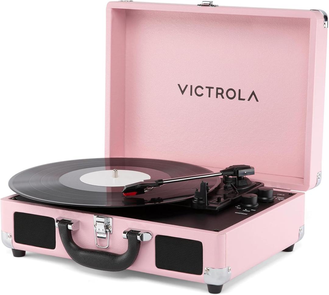 Victrola Journey II (2025 Model) Bluetooth Suitcase Record Player Built-in Stereo Speakers with Enhanced Bass, 3-Speed Turntable, Bluetooth Input and Output, RCA & Headphone Outputs (Pink)