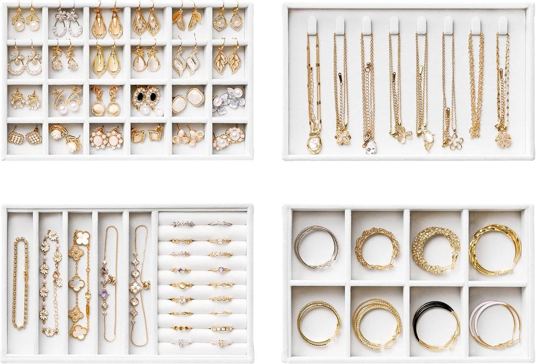 Velvet Jewelry Drawer Organizer Trays White Stackable Jewelry Storage Inserts Set, 4-Layer Jewelry Tray Set for Earrings, Rings, Necklaces, Bracelets with Removable Dividers for Dresser & Vanity