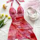 BEAUDRM Women's Floral Print Sleeveless Halter Deep V Tie Mini Dress Ruched Backless Slim Fit Cami Dresses Knot Boho Dress Pink TieDye Medium