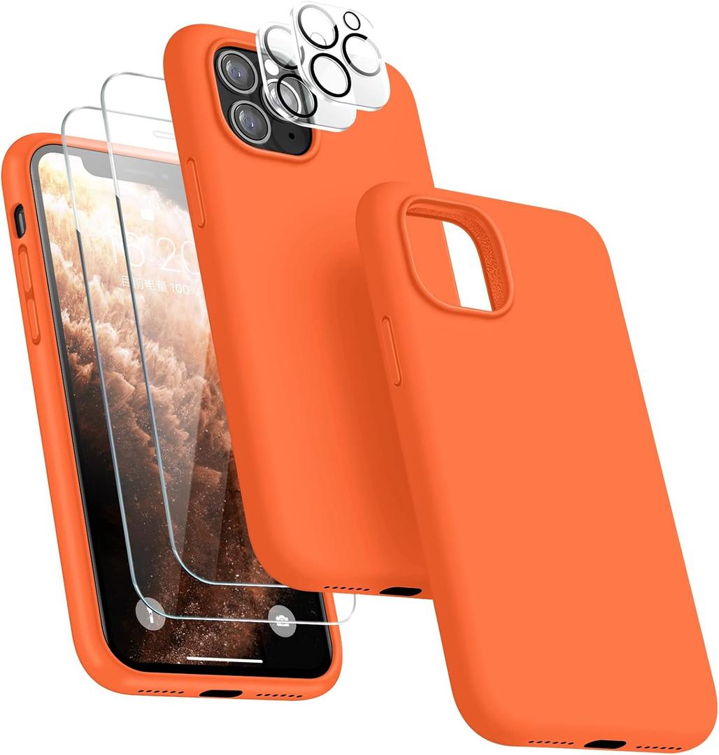 [5 in 1 for iPhone 11 Pro Case 5.8 inch, with 2 Pack Screen Protector + 2 Pack Camera Lens Protector, Liquid Silicone Slim Shockproof Protective Phone Case [Microfiber Lining] (Orange) (iPhone 11 Pro, Orange)