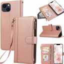 for iPhone 13 Phone Case Wallet,Flip PU Leather Zipper Pocket Credit Card Holder Wrist Strap Men Women Protective Cover (Rose Gold)