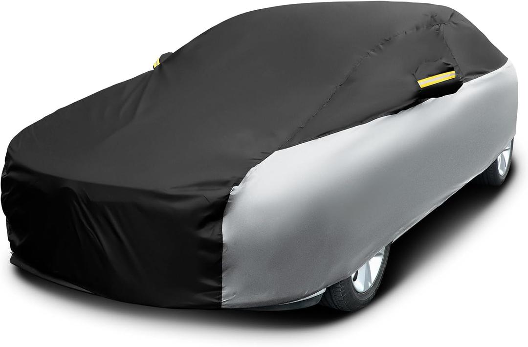 Riakrum Full Car Cover Waterproof All Weather for Automobiles Windproof Cover Rain UV Protection Sun Scratch Resistant Outdoor Universal(Fit Sedan Length (185-193'') 70'' H,Black, Silver)