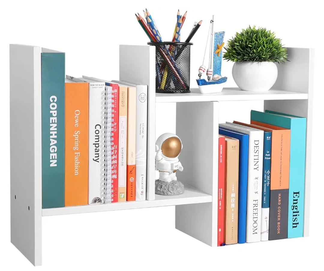 Desktop Shelf Organizer - Adjustable Wood Desktop Bookshelf, Table Top Shelves, Desk Book Organizer for Office Supplies and Home Décor (White)