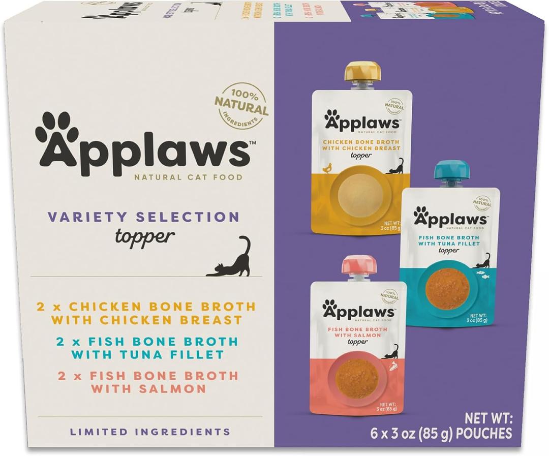 Applaws Natural Bone Broth Wet Cat Food Topper, Limited Ingredient Broth for Cats, Protein Wet Food Topper for Cats, Fish and Chicken Variety Pack(6 x 3oz Spout Pouches) (EXP 04/25/28)