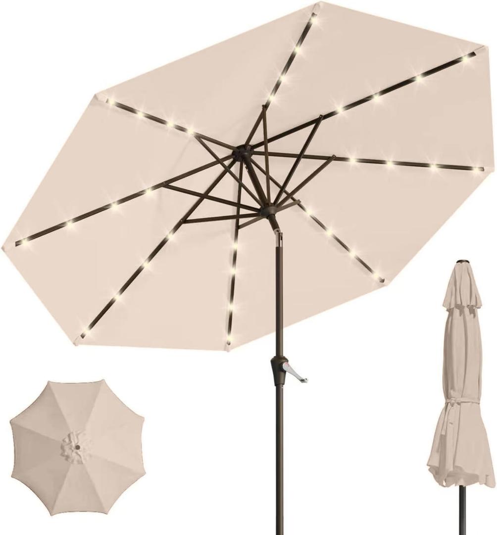 9' Solar LED Patio Umbrella with Tilt & Crank|8 Sturdy Ribs,UV Protection,Outdoor Market Table Umbrella for Deck,Lawn,Pool,Backyard(Beige)
