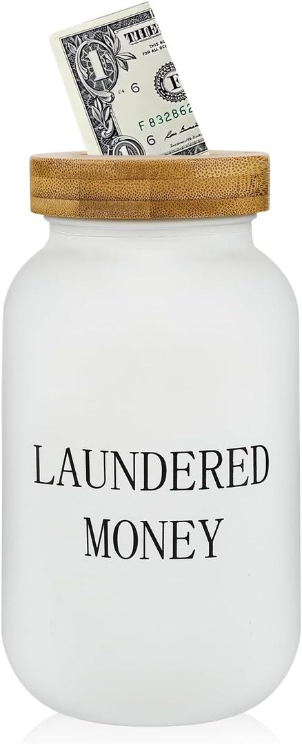 Laundry Room Coin Jar - Glass Mason Jar with Money Slot & Bamboo Lid - Rustic Piggy Bank for Laundry Room & Farmhouse Style Home Decor (White)