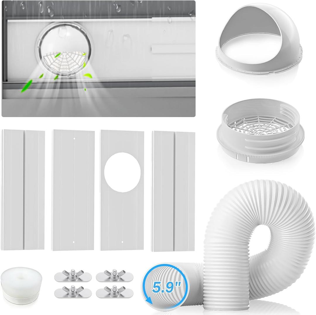 YJHome Portable AC Window Vent Kit with 5.9" Exhaust Hose & Universal Coupler, Air Conditioner Window Seal Kit with Plates, Upgraded Rain Cover, Portable Air Conditioner Window Kit for Sliding Window