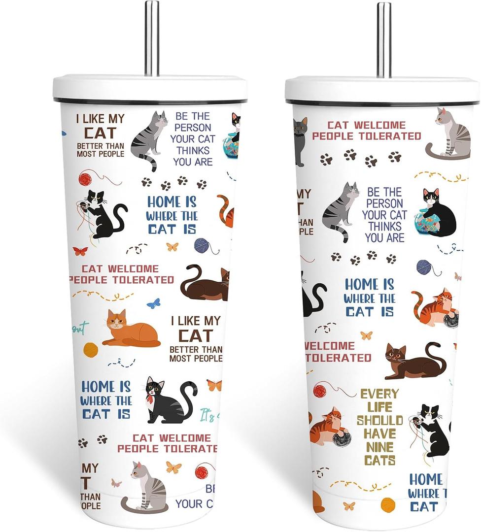 Cat Gifts for Women, 24 oz Insulated Tumbler with Lid and Straw, Stainless Steel Water Bottle, Coffee Cups Travel Mug for Her Cat Lovers(1PCS)