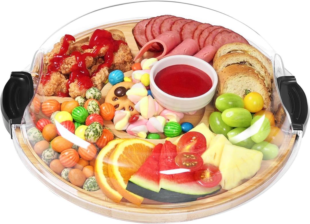 Charcuterie Boards, Round Bamboo Charcuterie Board with Locking Lid & 6 Compartments, Reversible Cheese Board Serving Tray with Clear Plastic Cover House Warming Gifts