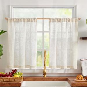jinchan Tier Curtains 24 Inch for Small Window Linen Blend Cafe Curtains Farmhouse Rustic Half Window Drapes for Kitchen Living Room Bedroom Light Filtering Rod Pocket 2 Panels Neutral Crude