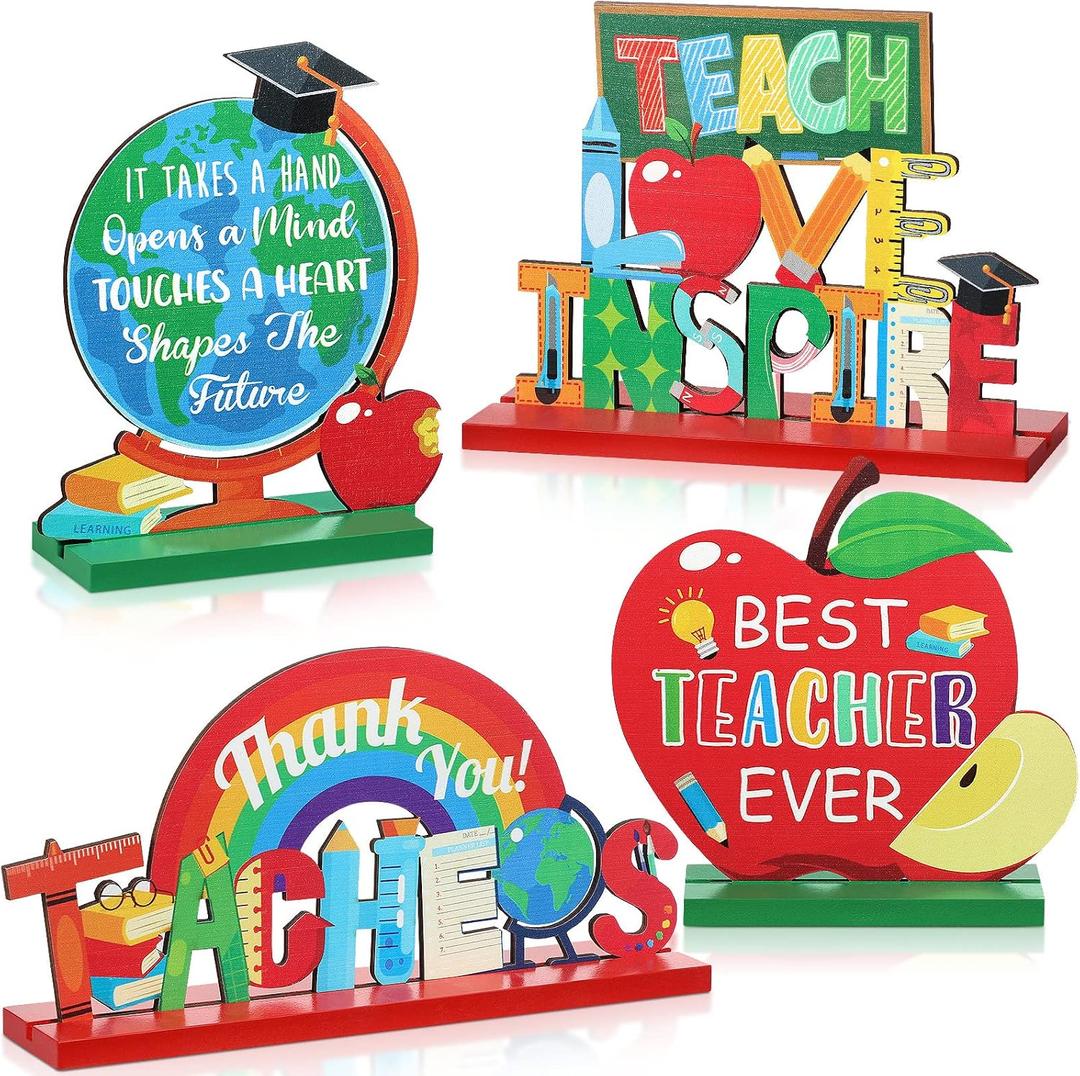 Amyhill 4 Pcs Teacher Appreciation Gifts Wooden Table Centerpieces Decorations Thank You Best Teacher Favors for Women Men Home School Classroom Desk Decor(Classic)