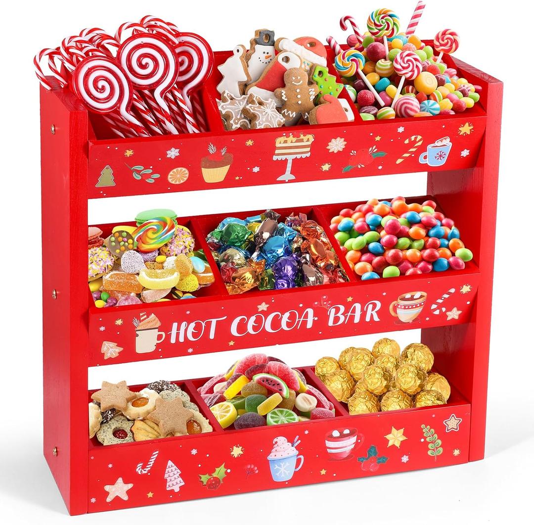Dlerom 3 Tier Christmas Hot Cocoa Bar Wood Storage Box with 9 Compartment Hot Chocolate Bar Supplies Organizer Vintage Accessories for Home Xmas Holiday Gift Party Decoration