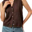 Trendy Sweater Vest Waffle Knit Top Vest V Neck Cardigan Sweater Casual Sleeveless Tops Cute Ruffle Vest (Brown, S)