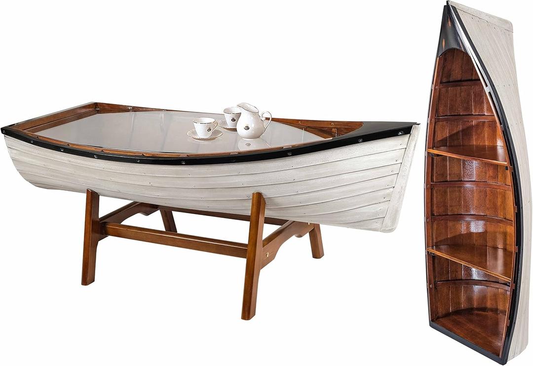 SAILINGSTORY Wooden Boat Coffee Table Boat Bookshelf Coastal Coffee Table Nautical Bookcase Lake House Decor Beach House Decor, 21d X 47w X 16.53h in