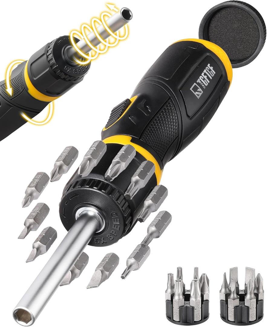13 IN 1 Magnetic Ratcheting Screwdriver, 5X Speed Drive, 12PCS Bits Included,Torx PH SL, Ergonomic Handle Design with Adjustable Angle, End Storage Cap, for Motorcycle,Bicycle, Home Maintenance