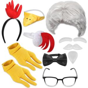 Riceshoot 9 Pcs Chicken Costume Adult Chicken Couple Costume Rooster Headband Tail Beak Nose Mask Feet White Colonel Wig Moustache for Halloween Cosplay Dress-Up Party Accessories