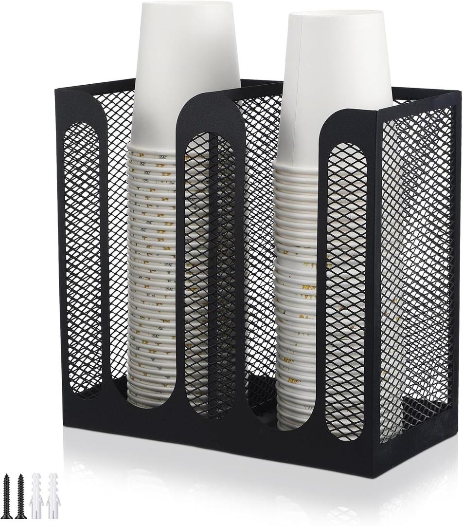 Maxcheck Metal Mesh Cup and Lid Holder Coffee Paper Cup Dispenser Lid Holder Storage Organizer Countertop or Wall Mount for Coffee Bar, Kitchen, Breakroom(2 Compartments, 8.2 x 4.1 x 7.9 Inch)