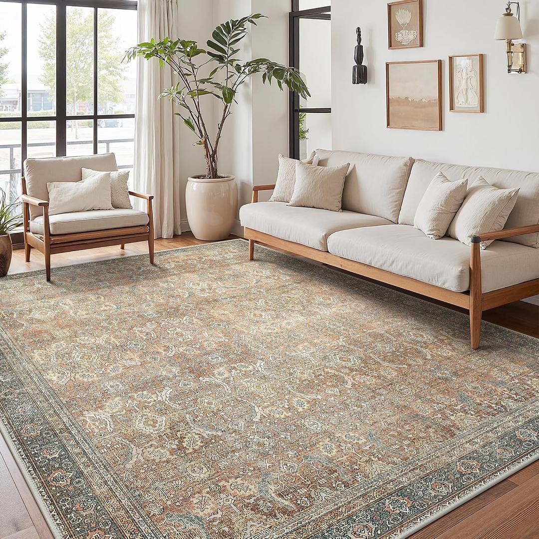 8X10 Area Rugs Machine Washable Rugs for Living Room, Vintage Boho Large Rugs for Bedroom Dining Room, Non Slip Indoor Soft Distressed Lightweight Thin Low Pile Carpet, Cinnamon