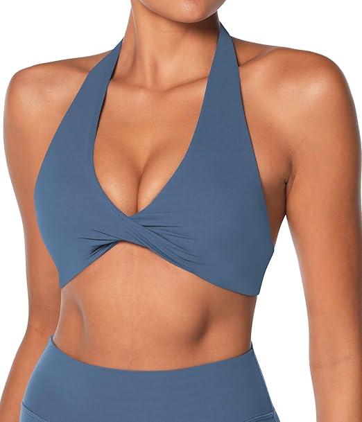 Sunzel Women's Halter Neck Sports Bra, Twist Front Yoga Crop Top with Removable Pads, Open Back V Neck Bra for Gym Workout (Black)