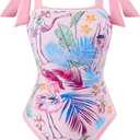 One Piece Bathing Suit for Women with Beach Cover up Wrap Skirt Swimsuit Sarong Retro Floral Print Bikini Set (Pink, XXL)