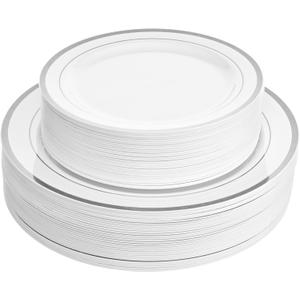 Aya's 60 Silver Rimmed Plastic Plates for Party, Heavy Duty Disposable Plate Set of 30 Dinner and 30 Dessert Plates for Weddings and Special Events, Fancy Disposable Tableware
