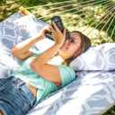 Large Hammock with 12FT Steel Stand, Freestanding Hammock with Curved Spreader Bar, Pillow and Portable Bag for Outside, Gray Ripples