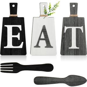 Jetec Cutting Board Eat Sign Set Hanging Art Kitchen Eat Sign Farmhouse Fork and Spoon Wall Decor Rustic Primitive Country Kitchen Decor for Home over Cabinet Decoration(Black, White, Gray)